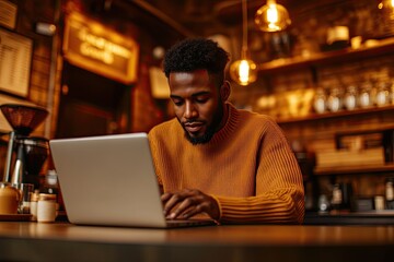 Focused individual working on laptop in cozy café with warm ambi