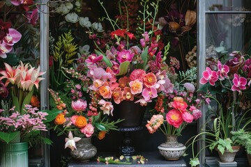 Naklejka premium Colorful floral display featuring a variety of blooms arranged in decorative vases at a flower shop in springtime