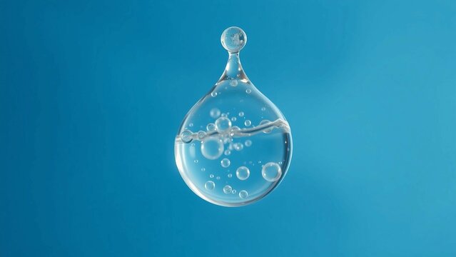 A large drop of water with air bubbles on a blue background is spinning in zero gravity vertical