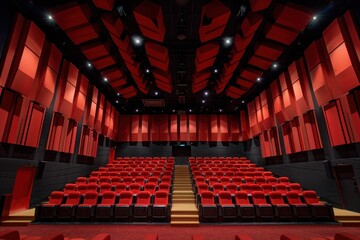 Modern cinema auditorium with red seating and acoustic panels creates immersive viewing experience