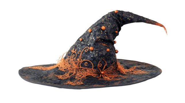 Black witch hat decorated with orange spider web and small pumpkins, isolated on transparent background, ideal for Halloween projects