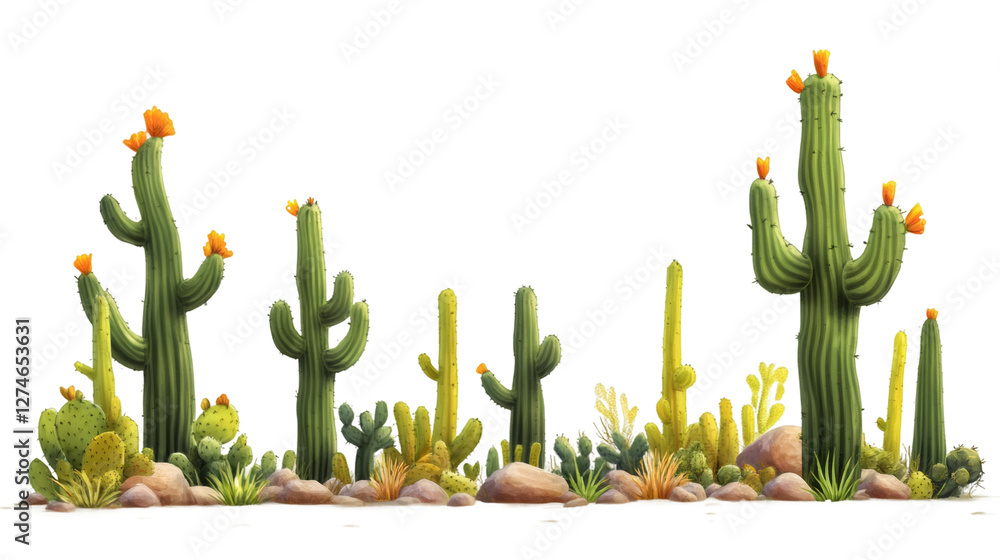 Poster Different types of blooming cacti are growing on a transparent background with some rocks and grass