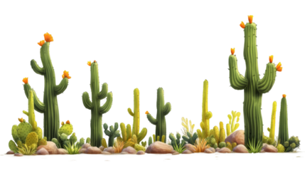 Different types of blooming cacti are growing on a transparent background with some rocks and grass