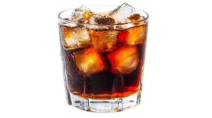 Refreshing glass filled with cola and ice cubes, isolated on transparent background, perfect for summer advertising
