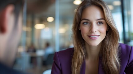 Fototapeta premium Smiling woman in modern office setting conveys warmth and confid