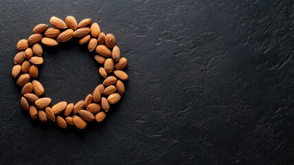 Almonds arranged in circular pattern on dark slate background