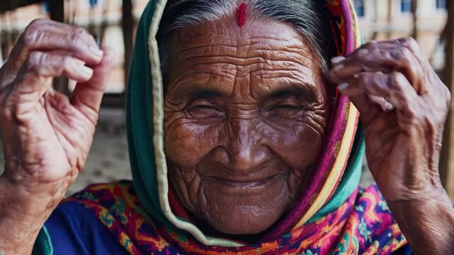 Elderly nepali woman wearing a colorful patterned shawl and headscarf smiles gently, her face etched with the wisdom of age, showcasing the beauty of cultural heritage and resilience