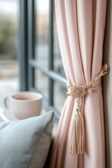 Soft pink curtains elegantly tied back with decorative tassel, c