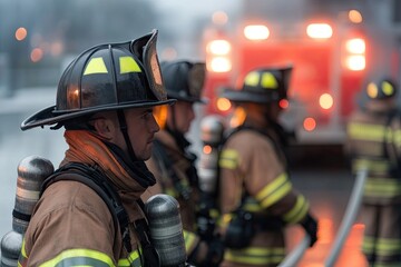 Brave firefighters stand ready, showcasing teamwork amidst smoke