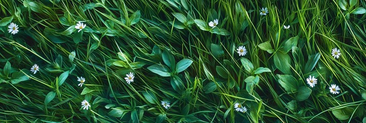 Fototapeta premium Spring and Summer Natural Background with Fresh Green Grass and Wildflowers in Morning Light, Outdoor Copy Space