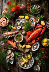 vibrant colorful seafood spread artistically arranged rustic weathered wooden table surrounded natural elements, appetizer, basket, bowl, chef, coastal