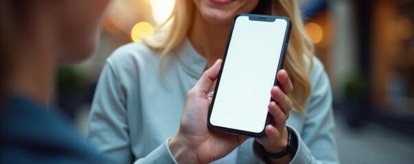 A female hand holds a cell phone with an empty screen and a slight smile on her face , device, smartphone, phone