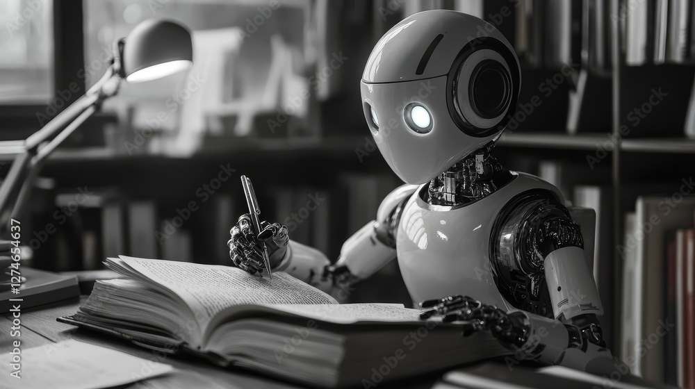 Poster a library robot intricately crafting a book represents the increasing significance and influence of 