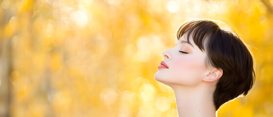 Fototapeta premium Woman embracing serenity autumn park portrait natural light side view inner peace and calmness