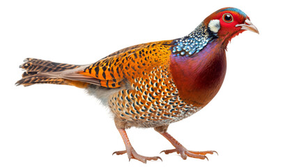 Fototapeta premium Colorful Temminck's tragopan pheasant walking gracefully on a transparent background, showcasing its vibrant plumage and unique features