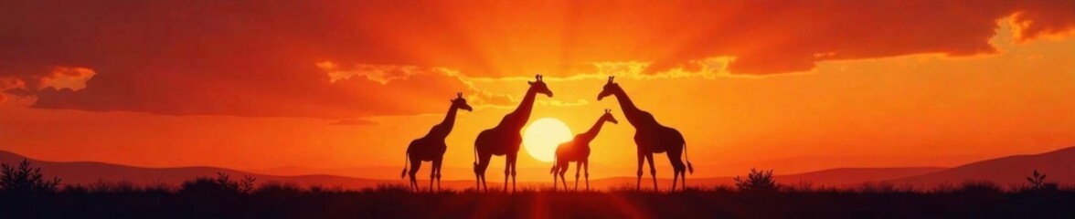 A group of giraffes standing together, silhouetted against a fiery orange sky at sunset , savannah, herd, landscape