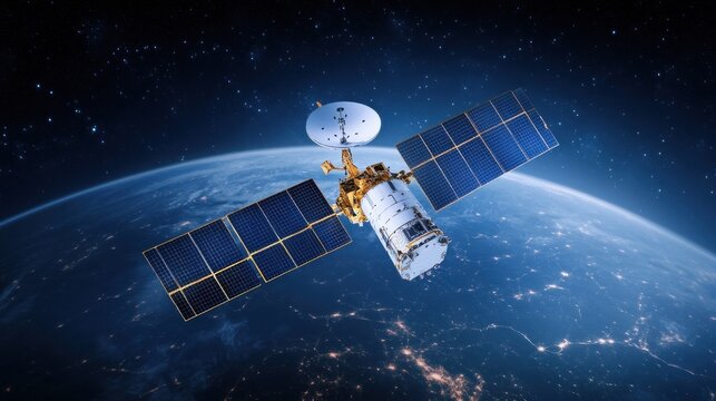 A space satellite orbits Earth capturing valuable data about the planet. The satellite features solar panels and communications equipment contributing to scientific research