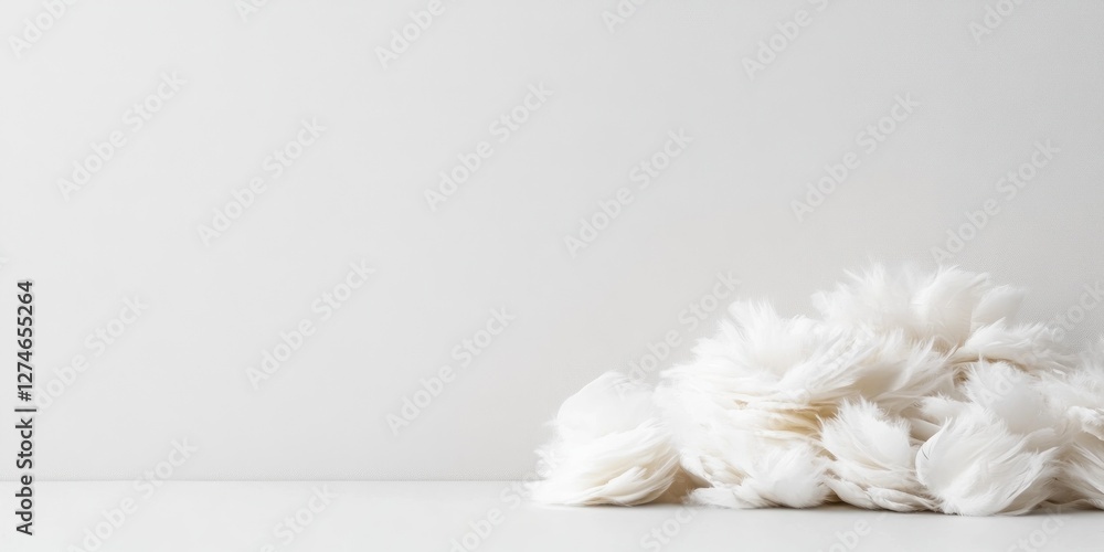 Poster a pile of pure white eiderdown feathers rests loosely on a plain light background showcasing their s