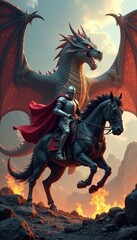 Fototapeta premium A knight on horseback battling a giant dragon with claws , armor, claws