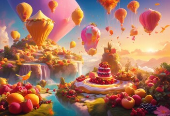 whimsical culinary delights hovering colorful ethereal landscape, food, magic, floating, vibrant, colors, dish, plate, ingredients, fruits, vegetables