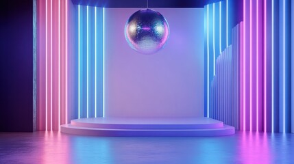 An empty stage mock up designed for events showcasing a large disco ball suspended above. Colorful lights illuminate the area creating a lively atmosphere with ample copy space for branding