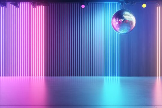 An empty stage mock up showcases a prominent disco ball suspended above with colorful lights illuminating the surrounding area creating a lively atmosphere perfect for events and performances