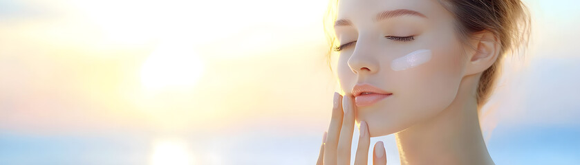 Applying skincare routine beachside beauty serene atmosphere close-up view self-care essentials