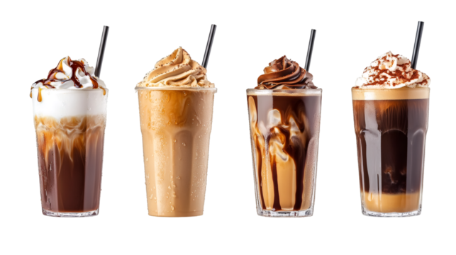 Refreshing iced coffee drinks topped with whipped cream, caramel, chocolate, and cocoa powder, served in glasses with straws