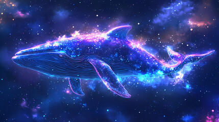 Naklejka premium Glowing whale swims in space; cosmic background; art print. Neon Cosmic Whales. Illustration