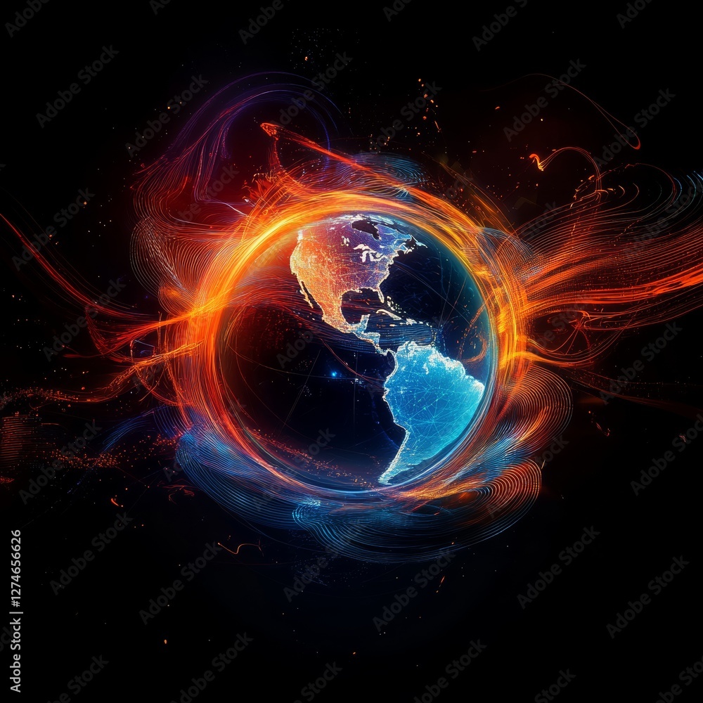 Poster an abstract representation of a globe surrounded by energetic and vibrant lines of orange and blue, 