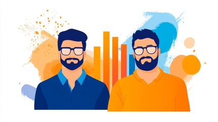 Two young men, possibly South Asian, stand side-by-side against a vibrant background of abstract paint splatters and bar graphs.