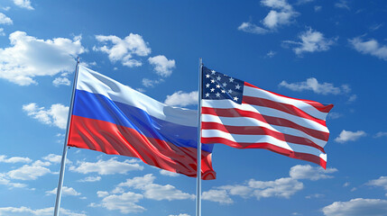 image of waving usa and russian flags against blue sky, united states and russia agreement illustration concept, treaty relationship, saudi arabia meeting banner