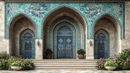 Obraz premium Ornate turquoise doors, Islamic architecture, entryway, floral planters, background building