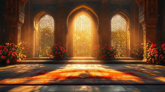 Sunlit Palace Interior Arches, Carpet, Roses