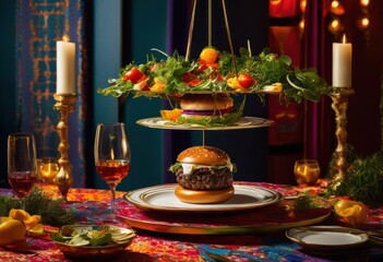 breathtaking display levitating burger suspended above colorful table setting lush textures bright colors, levitation, vibrant, food, meal, dish