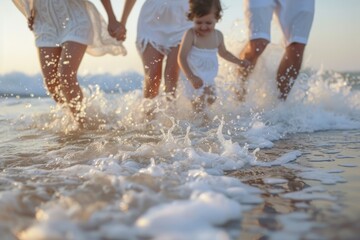Fototapeta premium Children enjoying a playful day at the beach while splashing in the waves under a bright sunny sky