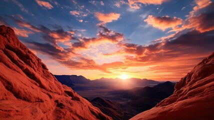 Naklejka premium Stunning sunset over rocky mountains with vibrant red and blue hues, showcasing beauty of nature