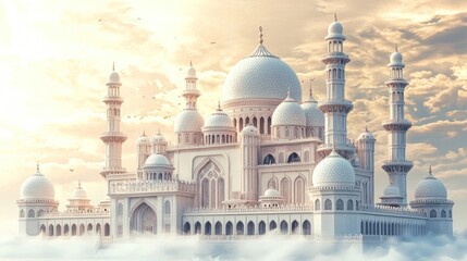 Fototapeta premium Majestic white mosque above clouds, sunrise; peaceful Middle Eastern scene, travel, tourism