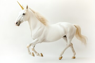 Naklejka premium In clipart, a white unicorn with a golden horn is running against a white or transparent background