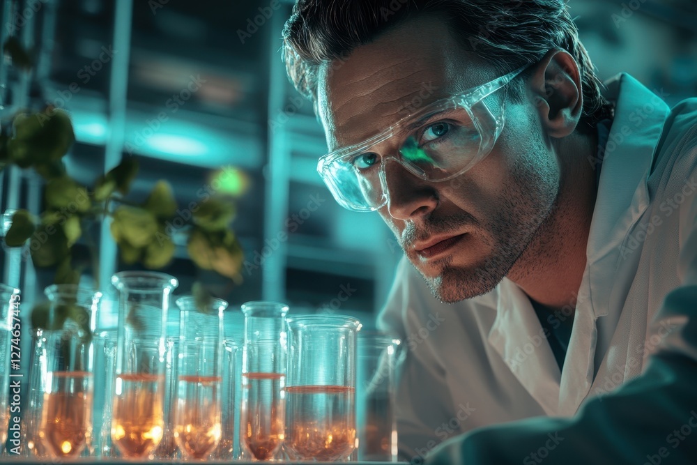 Poster scientist conducts experiments with glowing liquids in laboratory setting during evening hours