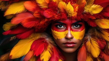 A striking portrait of a person with vivid tribal face paint and a headdress of feathers.
