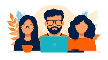 Teamwork makes the dream work! Three diverse colleagues collaborate on a project using a laptop.