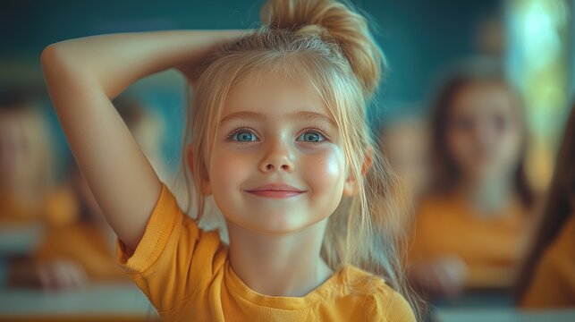 Girl student smiles in classroom; other students blurred background; education concept