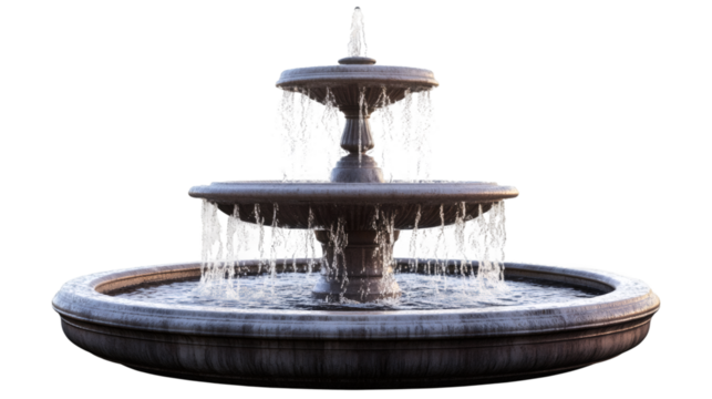 Ornate fountain with flowing water isolated on transparent background, perfect for architectural visualization or design projects
