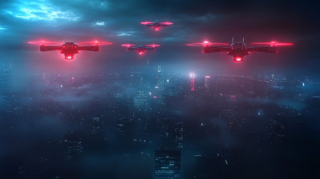 Dystopian skyline illuminated by swarms of drones on a dark, eerie night