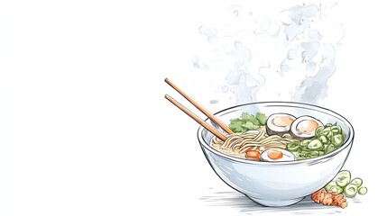 Bowl of noodles with chopsticks and a few pieces of meat. The bowl is white and the noodles are long