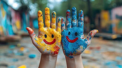 Colorful painted hands, happy faces, outdoor art, playground background, children's creativity