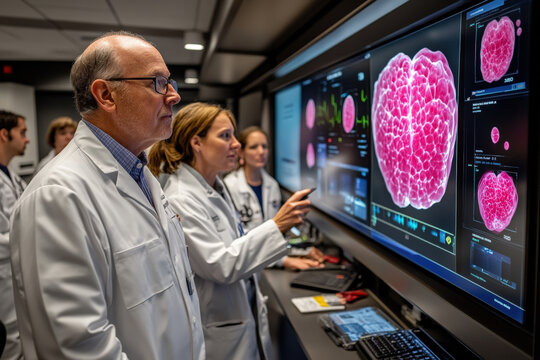 modern cancer awareness seminar in a high-tech conference room, doctors and researchers presenting educational slides on early detection and risk factors