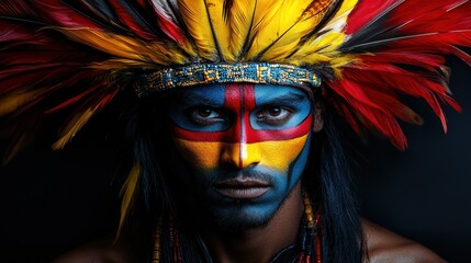 A striking portrait of a person with vivid tribal face paint and a headdress of feathers.