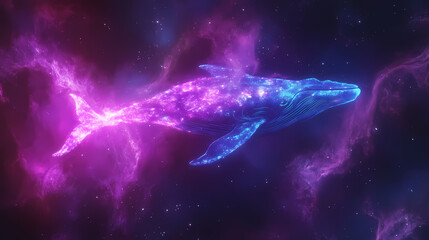 A glowing blue whale swims in a vibrant pink and purple nebula. its form is ethereal, seemingly made of light and energy. Neon Cosmic Whales. Illustration